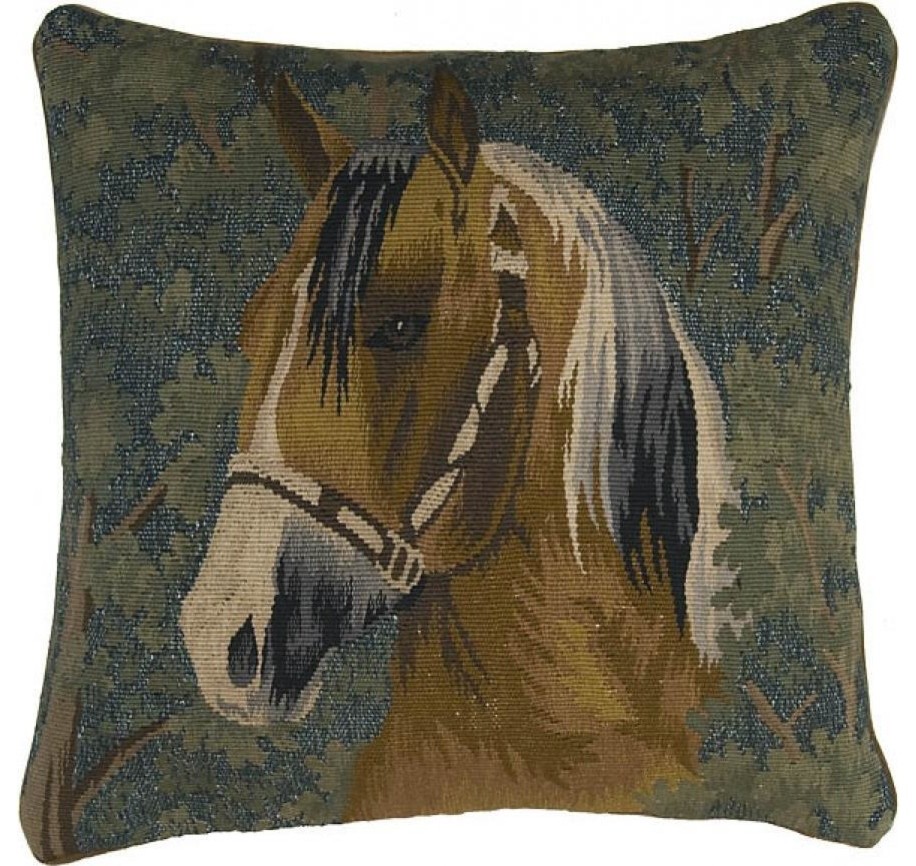 Throw Pillow Aubusson Animal Horse 20x20 Beige Bronze Olive Green