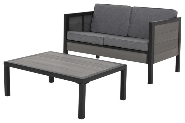 McKinley Outdoor Loveseat Set With Coffee Table, Black/Gray
