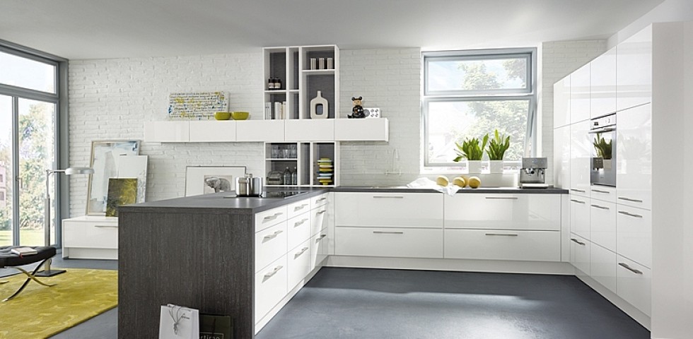 Large contemporary l-shaped eat-in kitchen in Other with a single-bowl sink, flat-panel cabinets, white cabinets, laminate benchtops, white splashback, stone tile splashback, panelled appliances, linoleum floors and with island.
