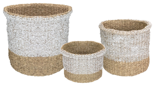 Set of 3 Beige and White Wicker Table and Floor Baskets