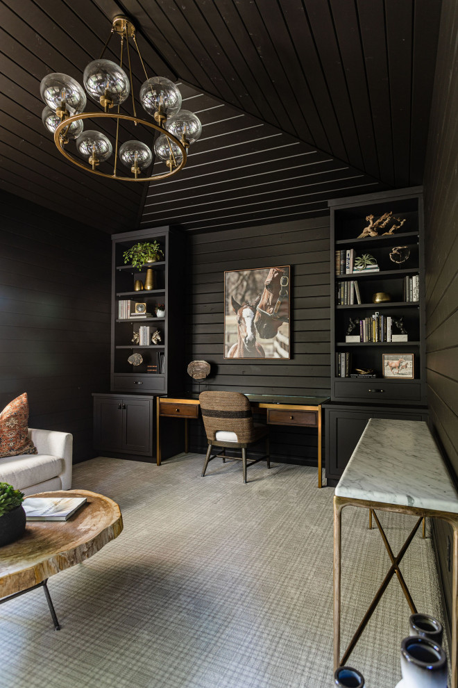 Inspiration for a small classic study in Minneapolis with black walls, carpet, a built-in desk, multi-coloured floors, a wood ceiling and wood walls.