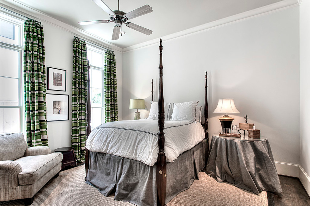 Bedroom - traditional dark wood floor bedroom idea in Houston with gray walls and no fireplace