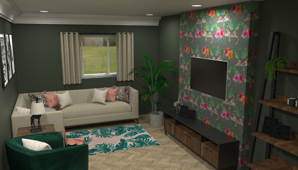 Inspiration for a tropical open concept living room in Hampshire with green walls and wallpaper.