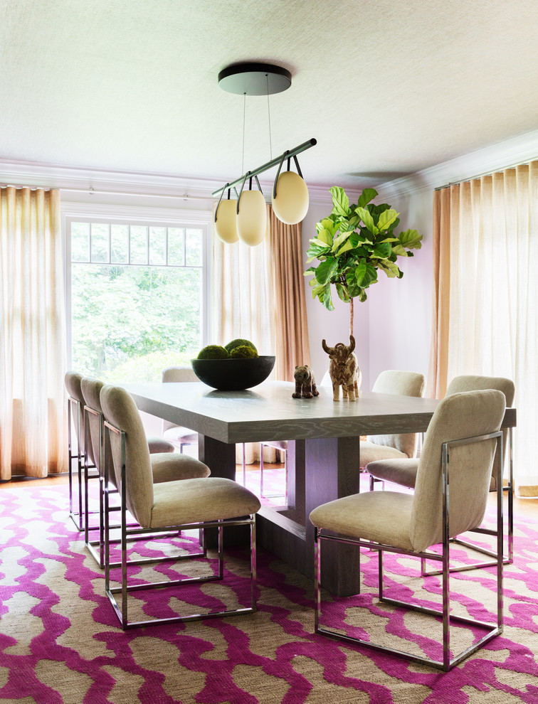 Design ideas for an eclectic dining room in New York with purple walls and no fireplace.
