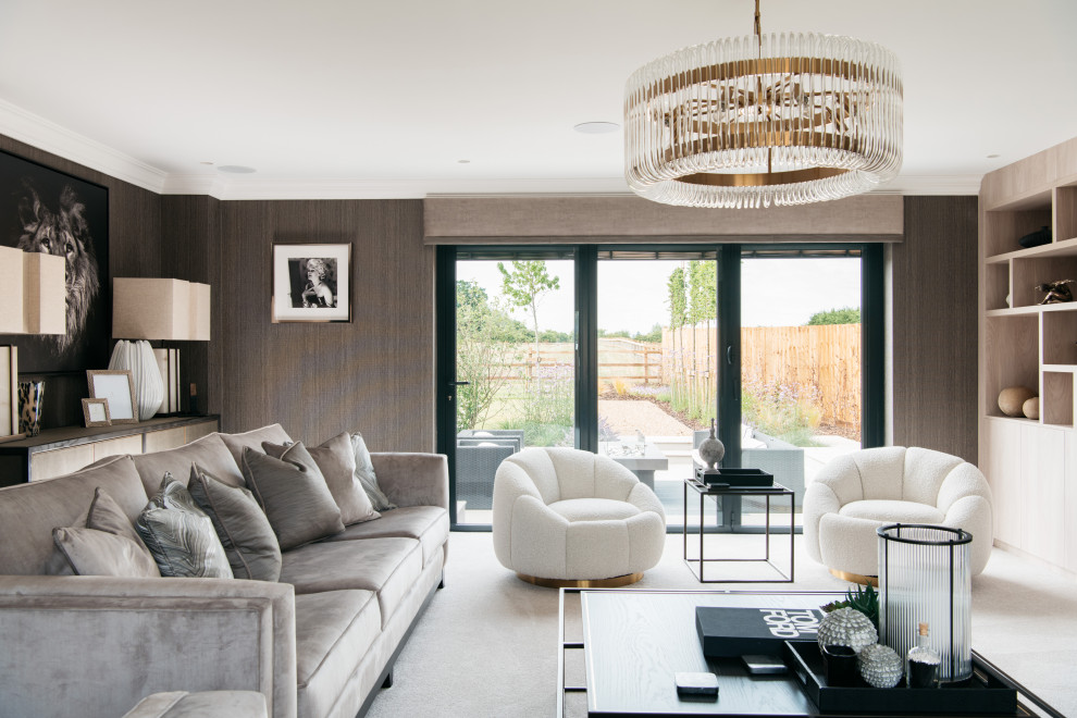 Design ideas for a mid-sized contemporary living room in Essex with a built-in media wall and wallpaper.