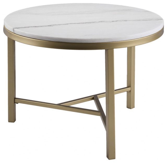 18" Gold And White Marble Round End Table Contemporary Side Tables
