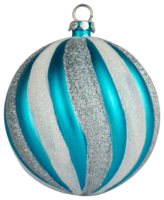 2.75" Aqua Ball Ornament With White And Silver Glitter Swirl Design