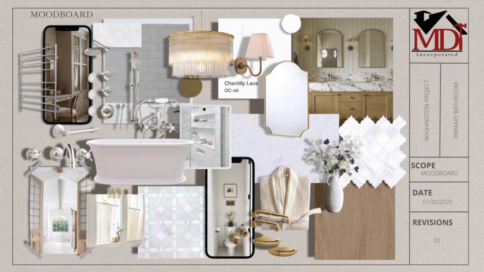 Primary bath moodboard with marble tile, stained wood vanity, mixed metals, pedestal tub, and coastal inspired lighting for a 1920s home remodel.