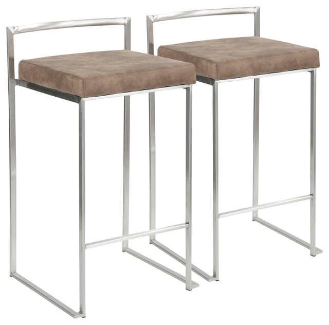 LumiSource Fuji Counter Stool, Stainless Steel, Brown Cowboy, Set of 2