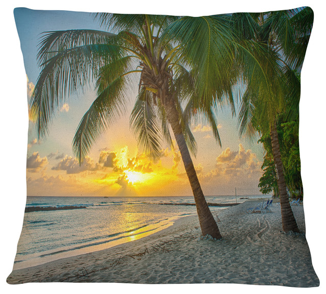 Beach in Caribbean Island of Barbados Modern Seascape Throw Pillow, 18"x18"