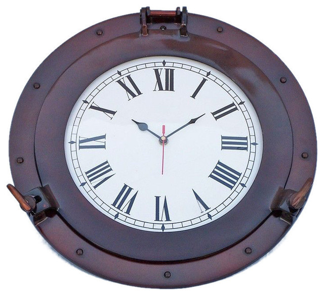 Deluxe Class Porthole Decorative Wall Clock, Antique Copper, 15"