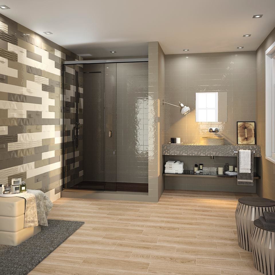 Design ideas for a mid-sized transitional master bathroom in Austin with open cabinets, grey cabinets, a corner shower, multi-coloured tile, mosaic tile, multi-coloured walls, light hardwood floors, a vessel sink, tile benchtops, brown floor and a sliding shower screen.