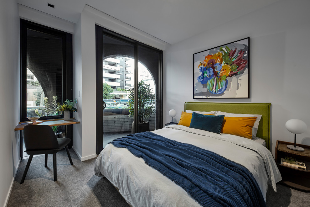 Design ideas for a contemporary bedroom in Brisbane with white walls, carpet and grey floor.