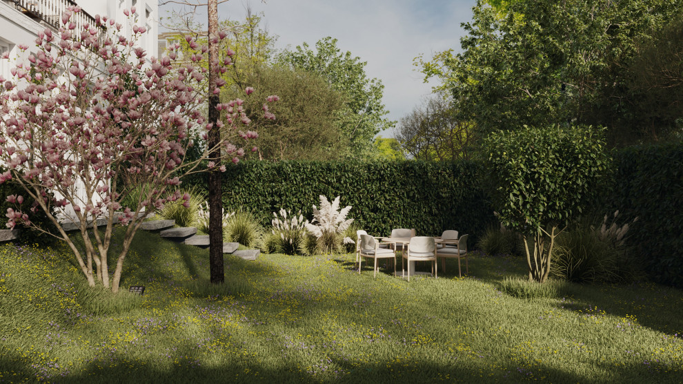 Imagen de jardín de secano clásico grande en verano en patio trasero con privacidad, exposición parcial al sol, adoquines de piedra natural y con madera
