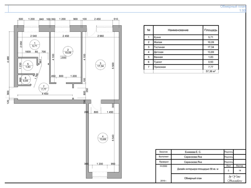 Рабочая документация для дизайн-проекта интерьера площадью 58 кв. м
