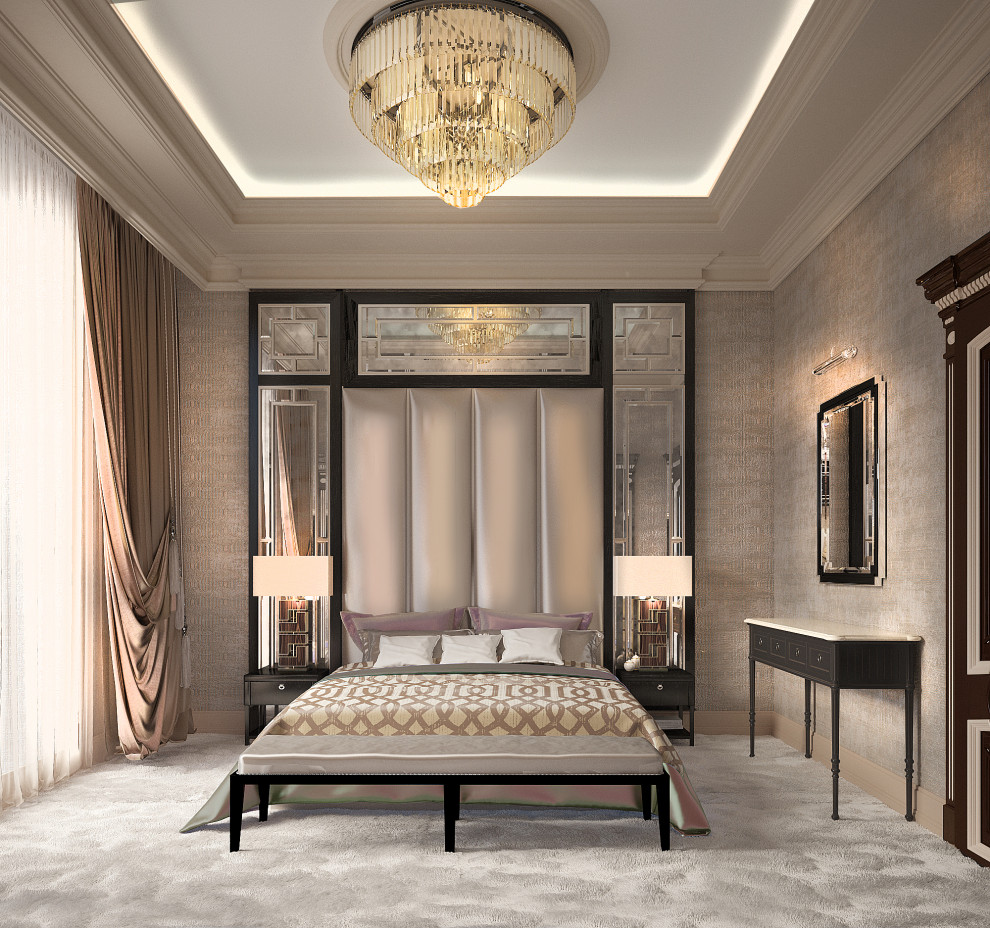 На фото: большая хозяйская спальня в классическом стиле с бежевыми стенами, ковровым покрытием, белым полом, кессонным потолком и обоями на стенах