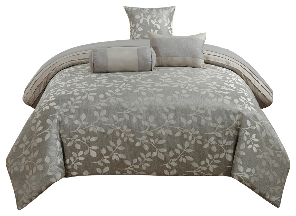 Benzara BM225197 King Size 7 Piece Fabric Comforter Set with Leaf Prints, Gray