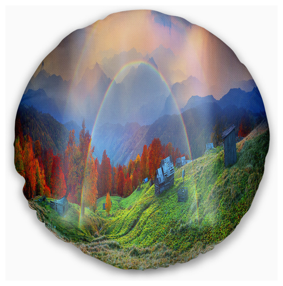 Huts Over Autumn Mountains Landscape Photo Throw Pillow Contemporary Decorative Pillows By Design Art Usa