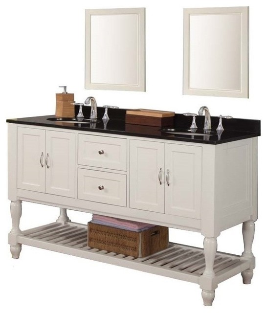 Mission Turnleg 60 White Double Vanity Black Granite Top Mission Turnleg 60 White Double Vanity Black Granite Top With Mirror