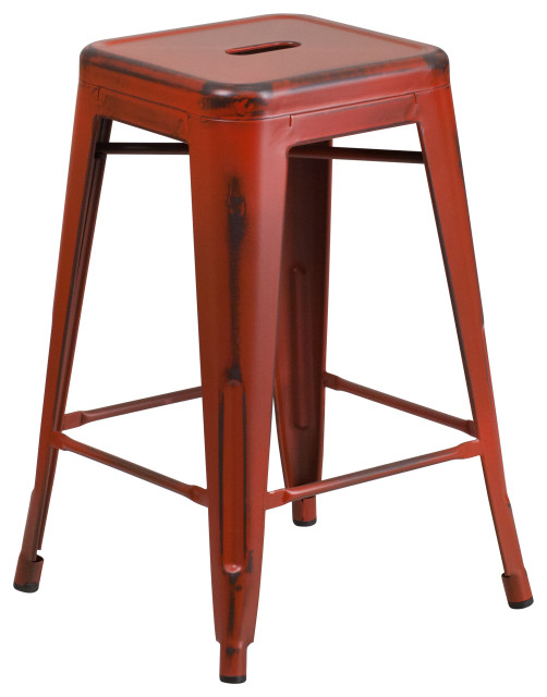 Backless 24" High Metal Counter Stool, Distressed Kelly Red Finish