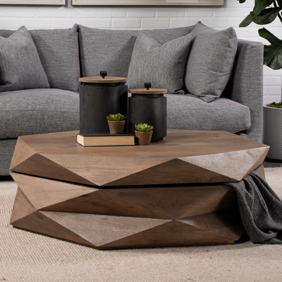 Arreto Medium Brown Solid Wood w/Storage Hexagonal Coffee Table ...