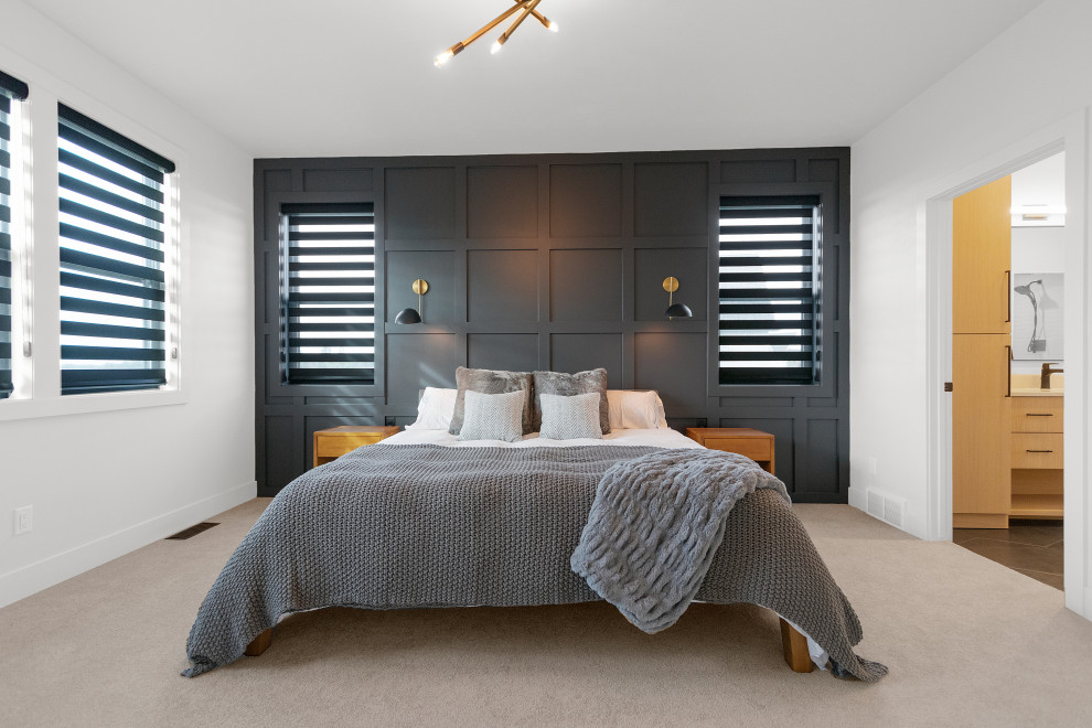 This is an example of a mid-sized modern master bedroom in Other with carpet and wood walls.