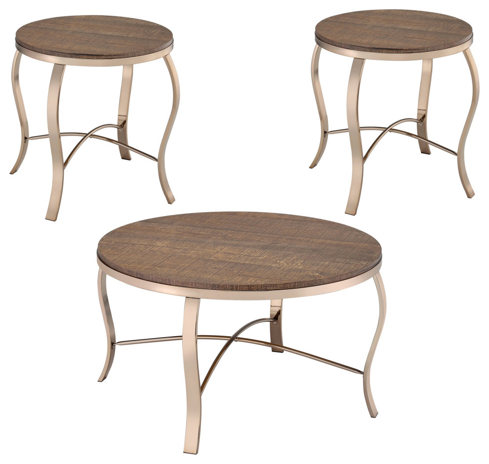 3 Pieces Coffee Table Set, Champagne Base With Curved Crossed Accent