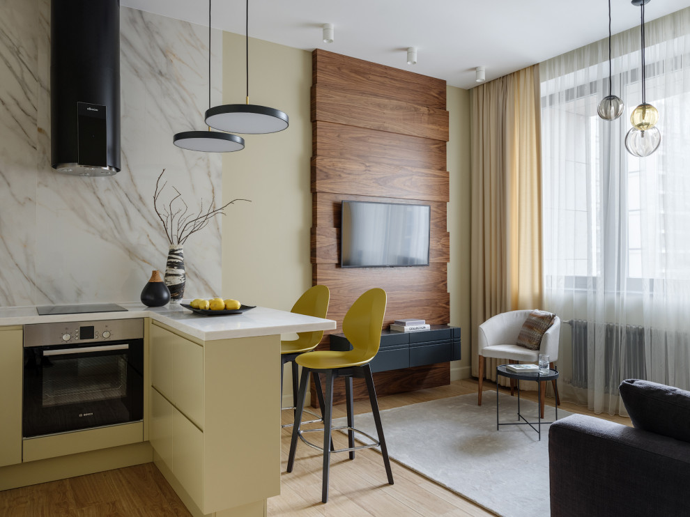 This is an example of a mid-sized contemporary living room in Moscow with beige walls, medium hardwood floors, a wall-mounted tv, beige floor and panelled walls.