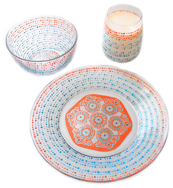 Hand Painted Moroccan Glass Dinnerware 3Piece Set Mediterranean