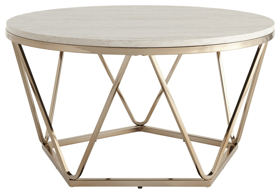 33" Champagne Solid Manufactured Wood And Metal Round Coffee Table Contemporary Coffee