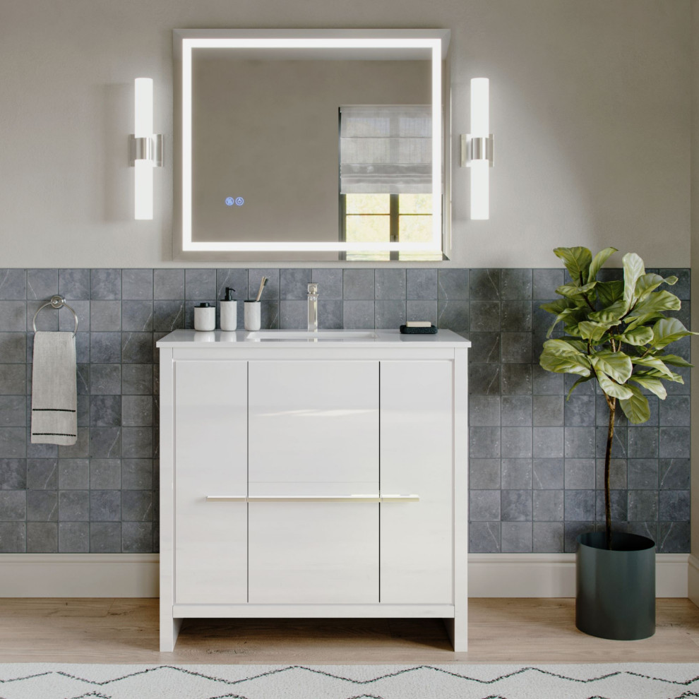 Esconde Bath Vanity, High Gloss White, 36", Single Sink, Freestanding Contemporary Bathroom