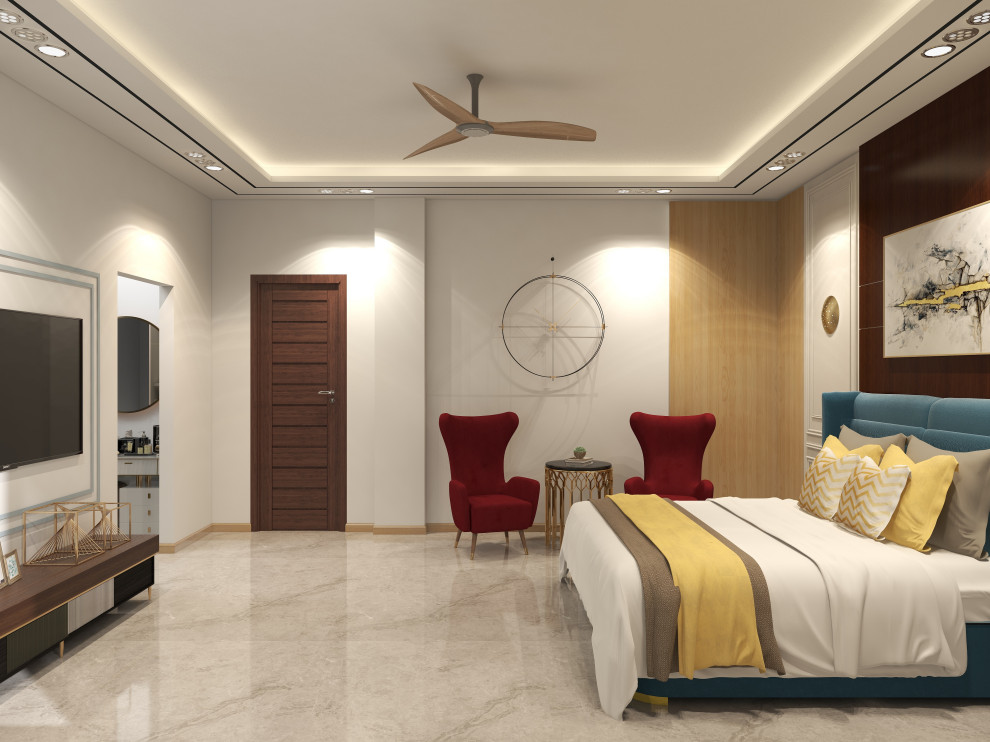 Design ideas for a large contemporary master bedroom in Other with beige walls, porcelain floors, beige floor, vaulted and wood walls.