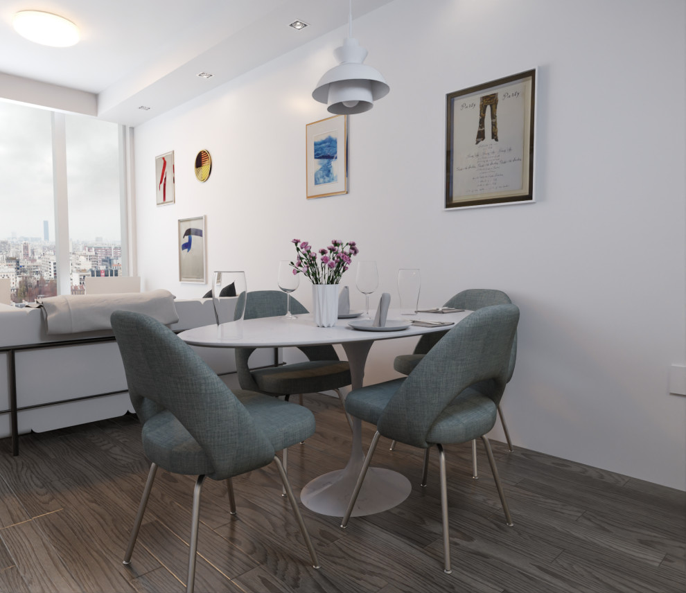 Inspiration pour une salle à manger minimaliste de taille moyenne avec un mur blanc, un sol en bois brun et un sol marron.