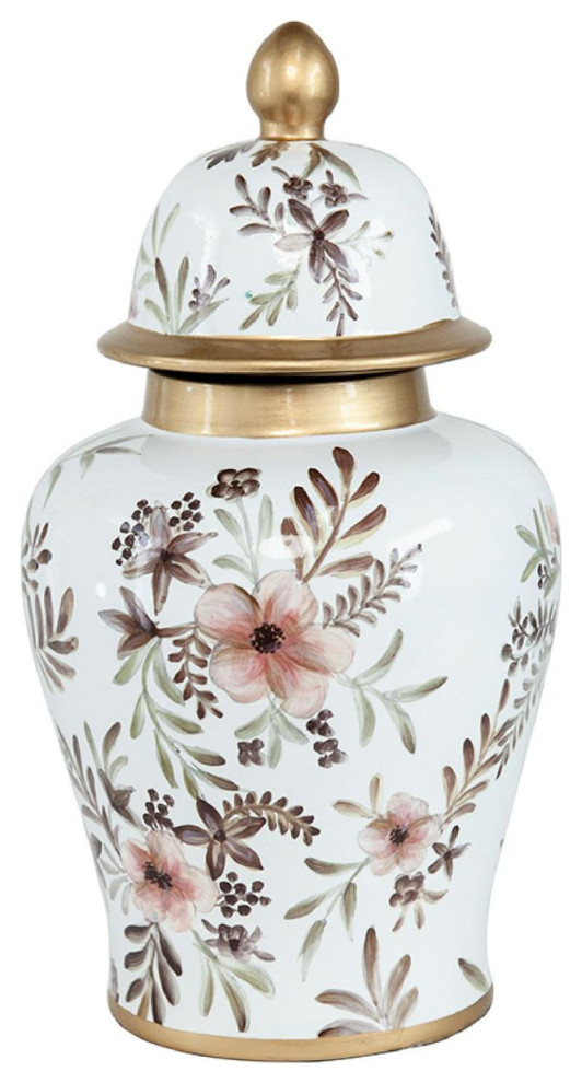 Floral Decorative Jar or Canister, White and Gold