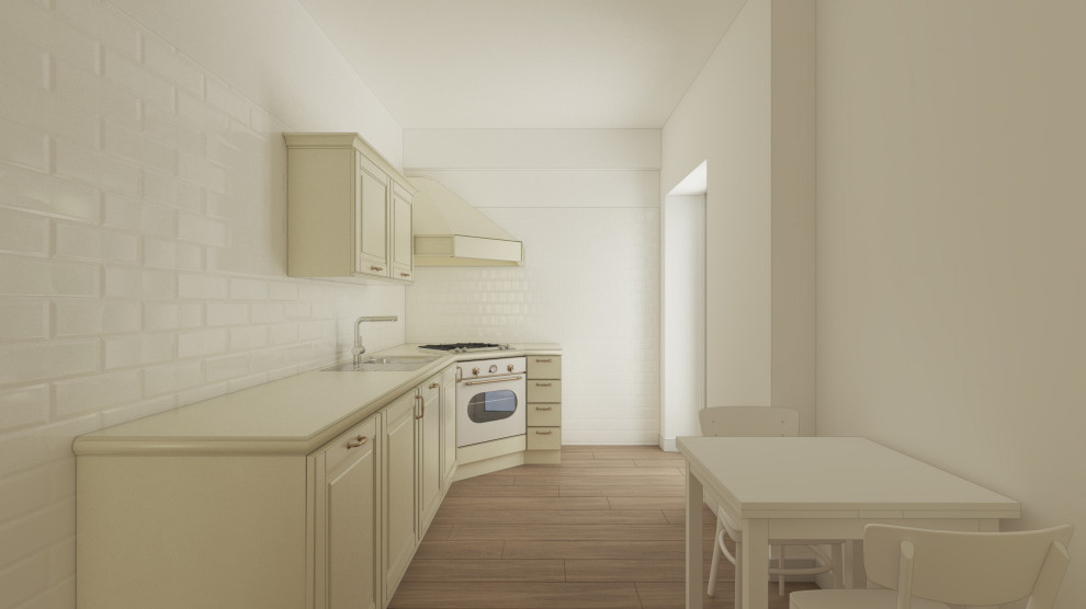 Exempel på ett mellanstort medelhavsstil beige beige l-kök, med en nedsänkt diskho, luckor med upphöjd panel, beige skåp, laminatbänkskiva, vitt stänkskydd, stänkskydd i porslinskakel, integrerade vitvaror, vinylgolv och brunt golv