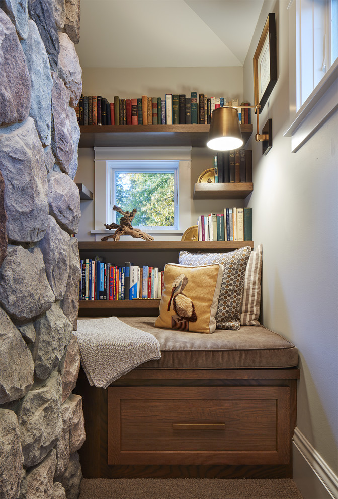 Example of a small beach style family room library design in Minneapolis with gray walls