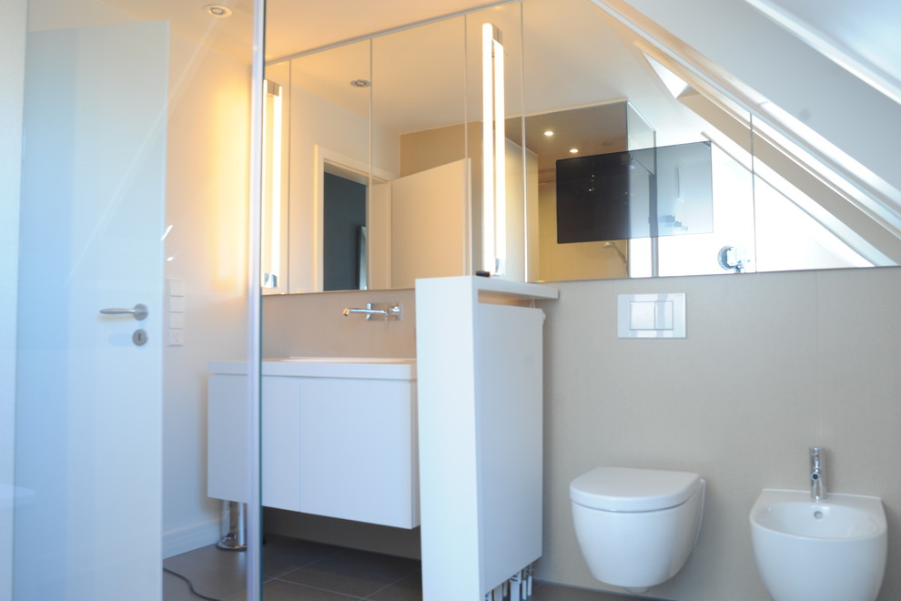 Photo of a small traditional 3/4 bathroom in Hanover with flat-panel cabinets, white cabinets and beige tile.