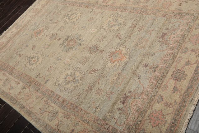 6'x9' Hand Knotted Wool Afghan Oushak Oriental Area Rug, Moss, Beige Color