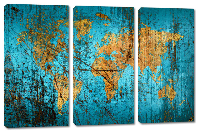 Munsell Blue World Map Canvas Print Wall Art 3 Panel Split Triptych