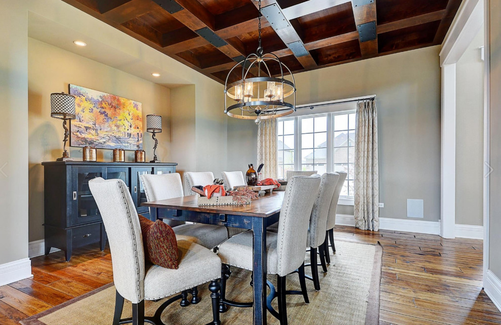 Design ideas for a mid-sized country open plan dining in Chicago with grey walls and light hardwood floors.