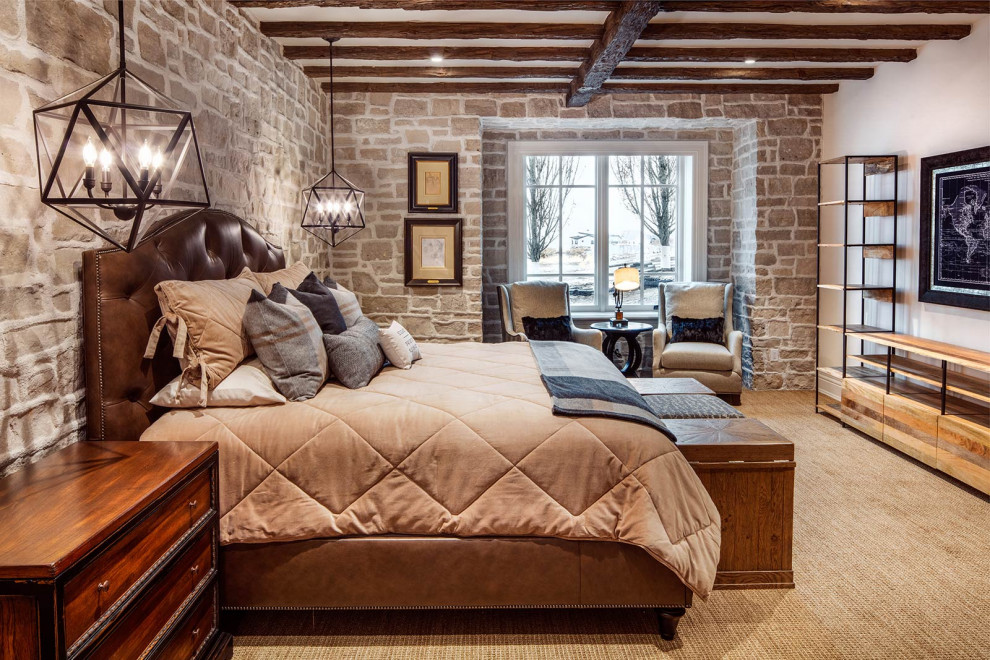 Inspiration for a large traditional guest bedroom in Salt Lake City with beige walls, carpet, beige floor and exposed beam.