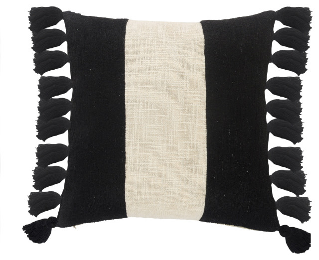 TriStripe Black and Ivory Fringe Pillow Contemporary Decorative