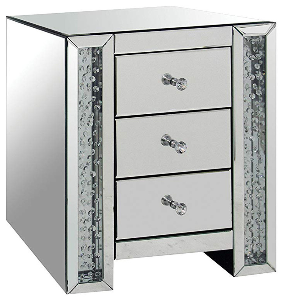 3 Drawer Mirrored Nightstand with Faux Crystals Inlay, Silver