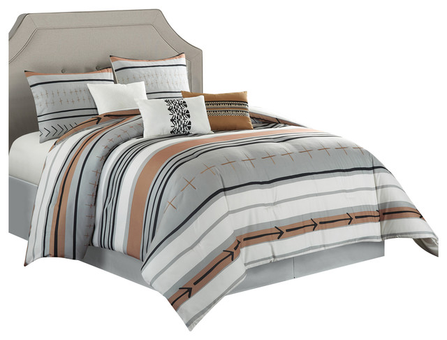 gray and tan bedding