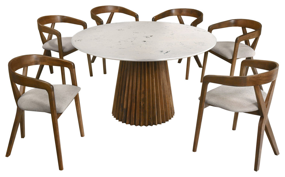 Modrest Nancy, Weiss MidCentury Modern Marble, Walnut Dining Table Set