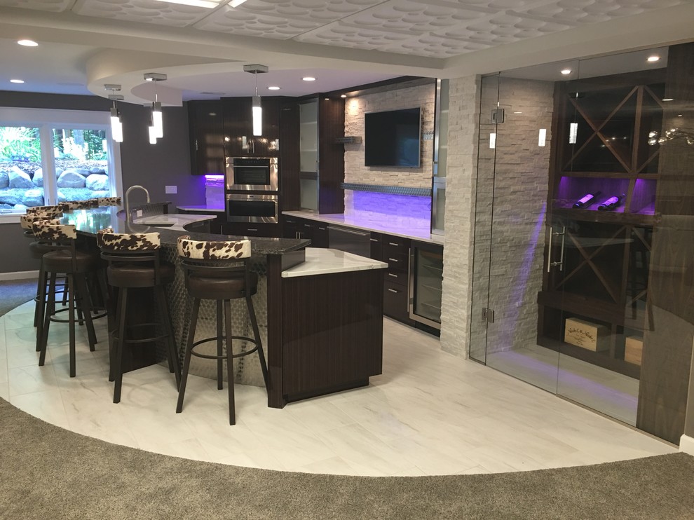 Photo of a large contemporary u-shaped seated home bar in Other with ceramic floors, white floor, an undermount sink, flat-panel cabinets, dark wood cabinets, stainless steel benchtops, beige splashback and stone tile splashback.