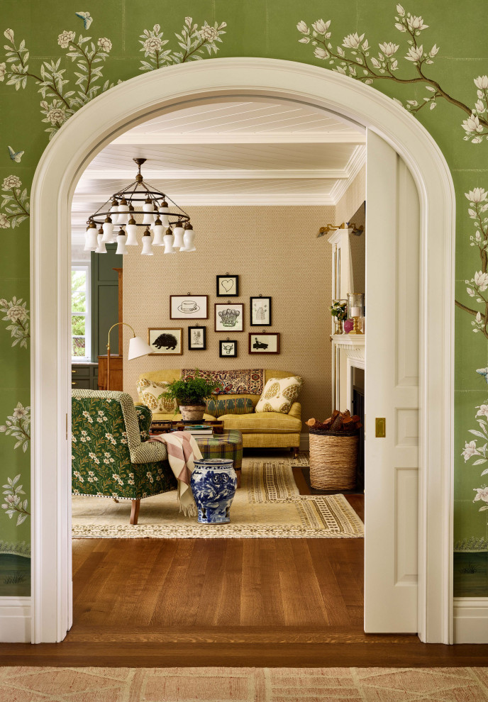 Rye Colonial - Elegant enclosed medium tone wood floor and brown floor living room photo in New York with beige walls and a wall-mounted tv