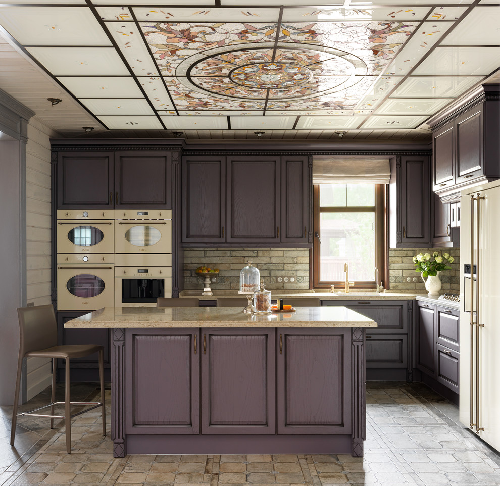 Transitional l-shaped separate kitchen in Moscow with raised-panel cabinets, with island, beige benchtop, an undermount sink, purple cabinets, subway tile splashback and white appliances.