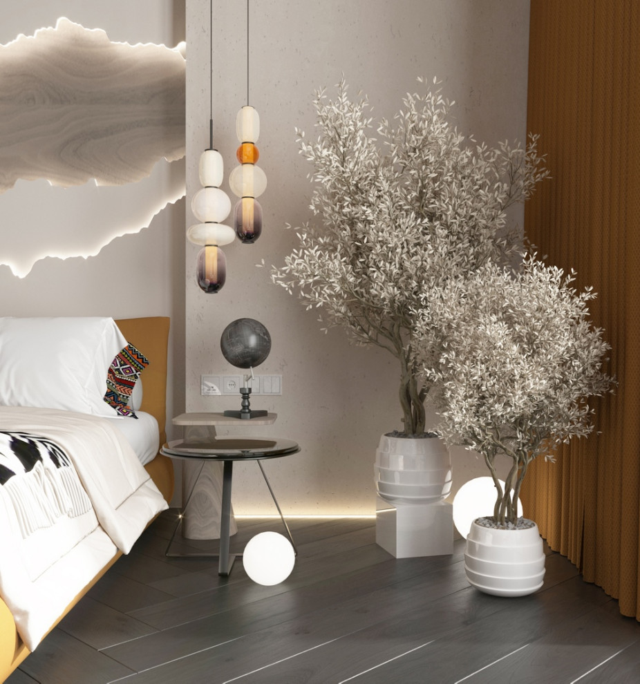 Esempio di una camera matrimoniale design con pareti bianche, pavimento in laminato, pavimento marrone, soffitto in legno e carta da parati