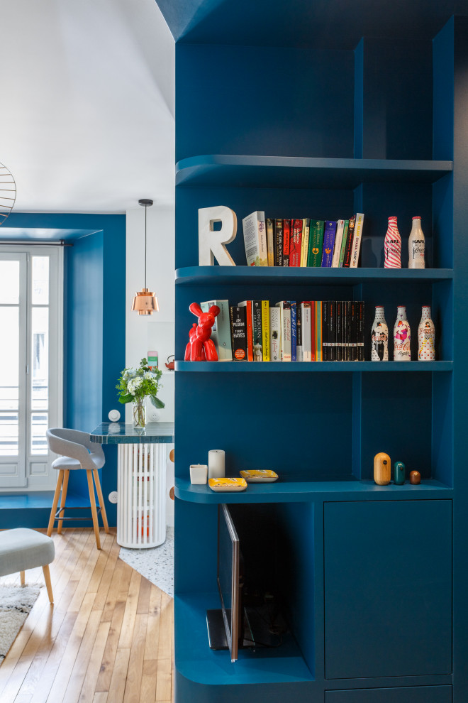 パリにあるお手頃価格の小さなコンテンポラリースタイルのおしゃれな玄関ラウンジ (青い壁、淡色無垢フローリング、青いドア、折り上げ天井) の写真